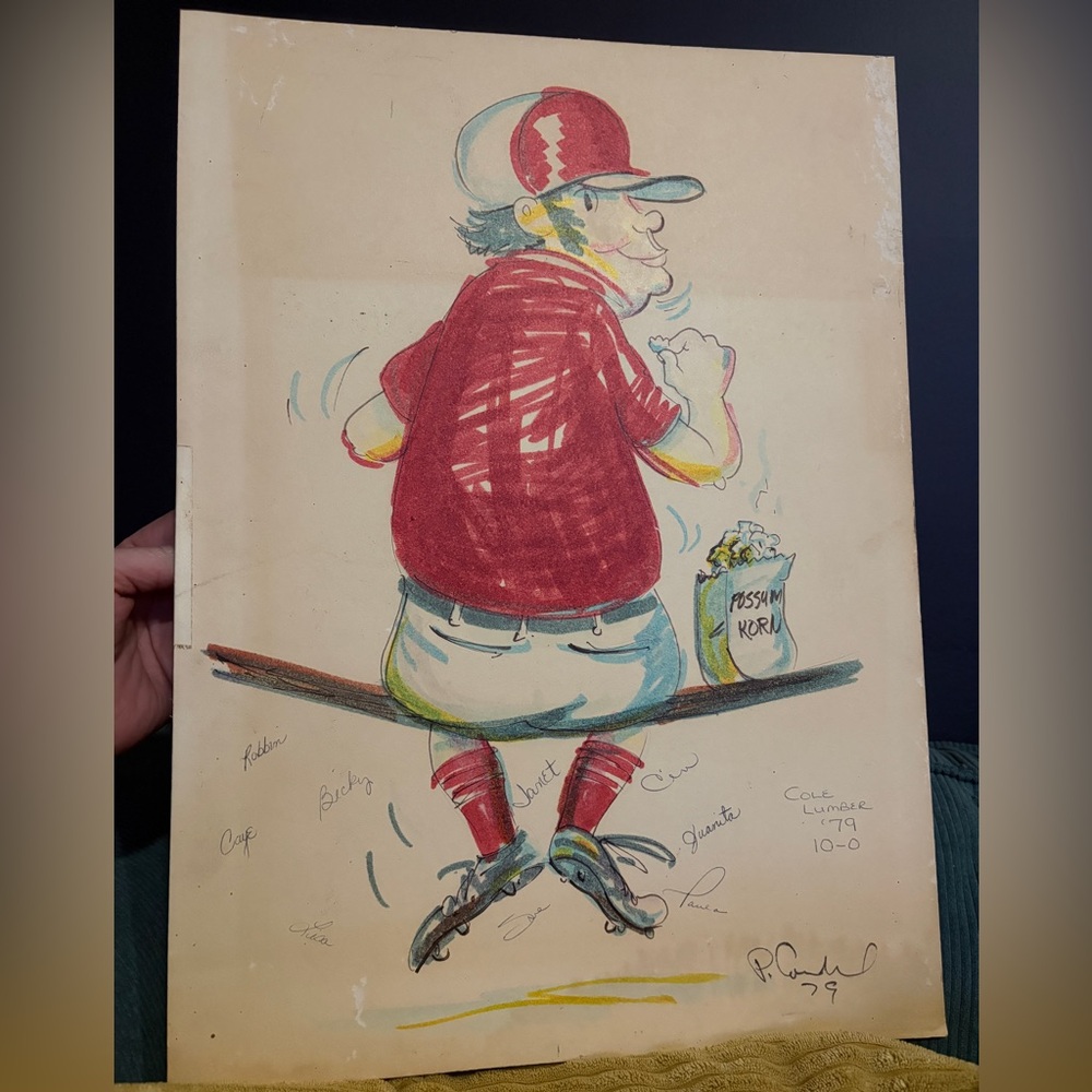1979 Hand Drawn Cole Lumber 10-0 Sports Memorabilia Wall Art Possum Korn